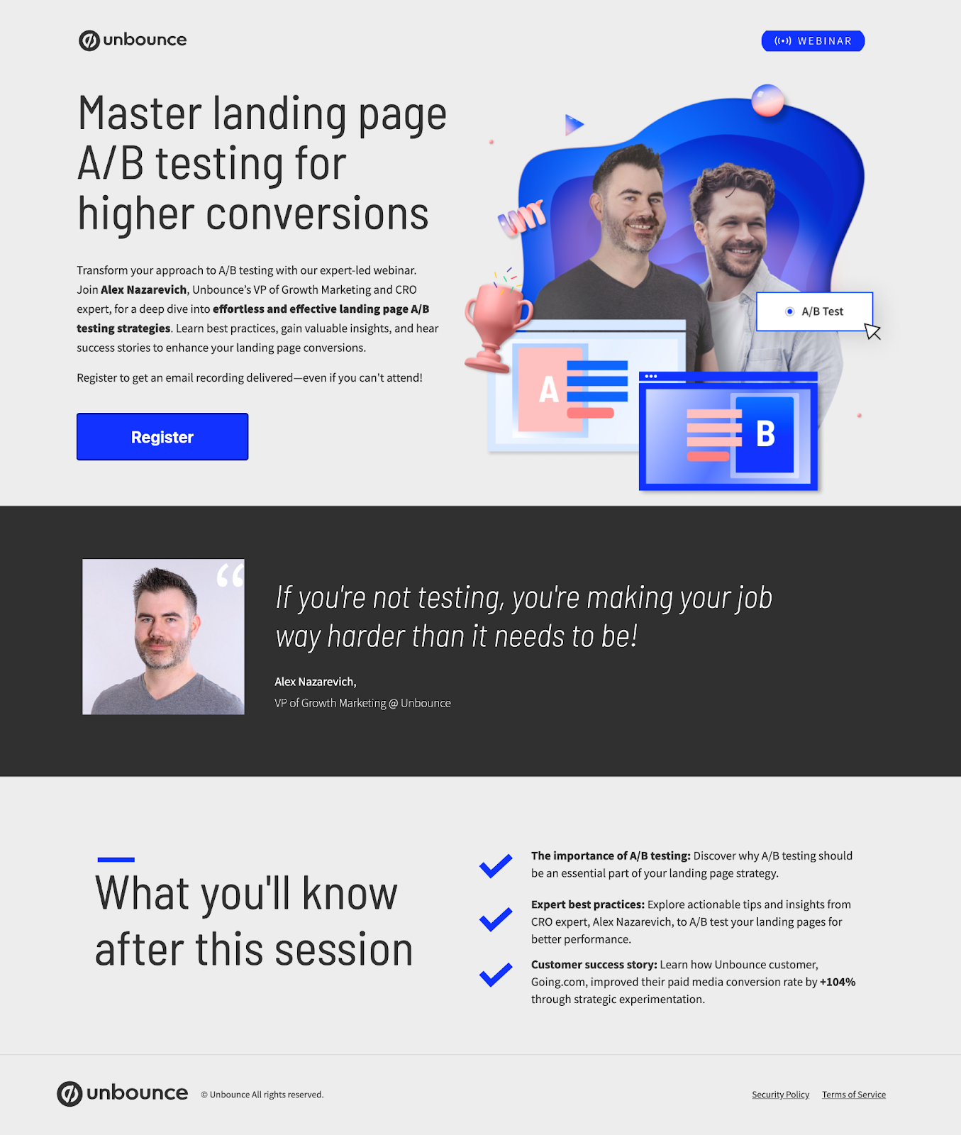 Unbounce a/b testing webinar landing page