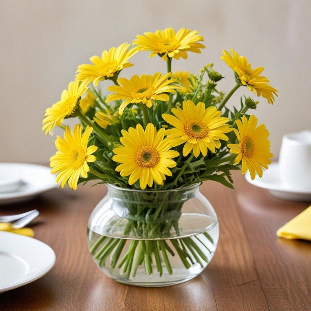A vase of yellow flowers on a table

Description automatically generated