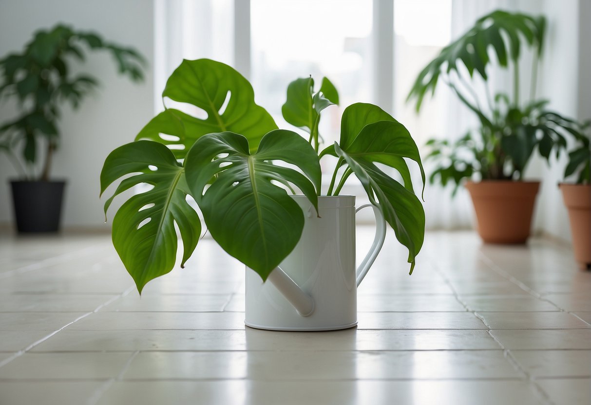 Lush green philodendron in a bright, airy room. A watering can nearby, with a bag of fertilizer. Pruned leaves on the floor