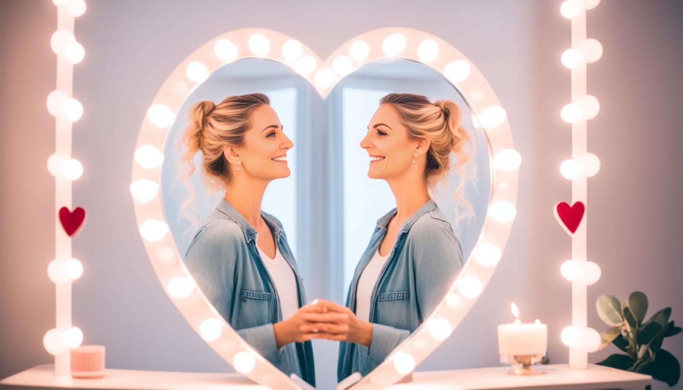 A person standing in front of a mirror, looking at their reflection with love and acceptance. The mirror reflects back an image of them surrounded by hearts and a radiant glow.