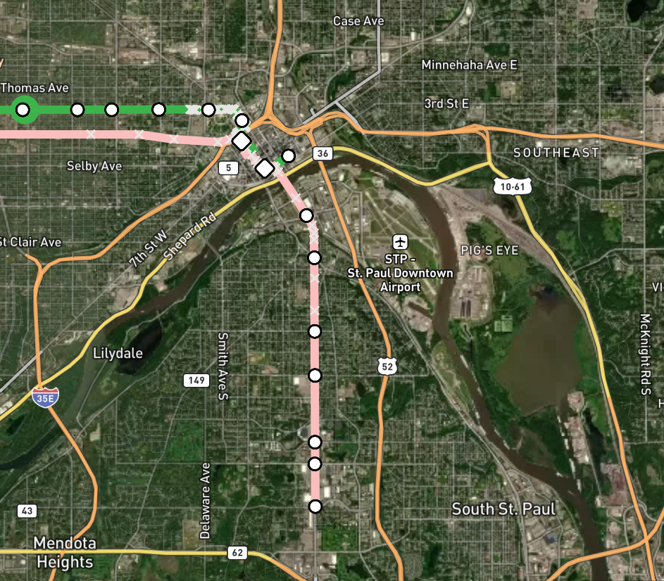 The Pink Line would continue south of Downtown St. Paul on Robert Street.