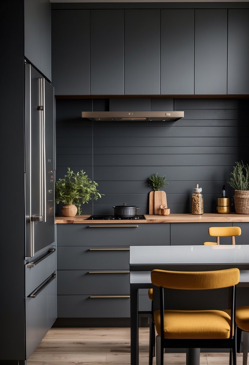 The kitchen is filled with sleek gray cabinets, accented with pops of vibrant color. The clean lines and modern design create a sophisticated and inviting space