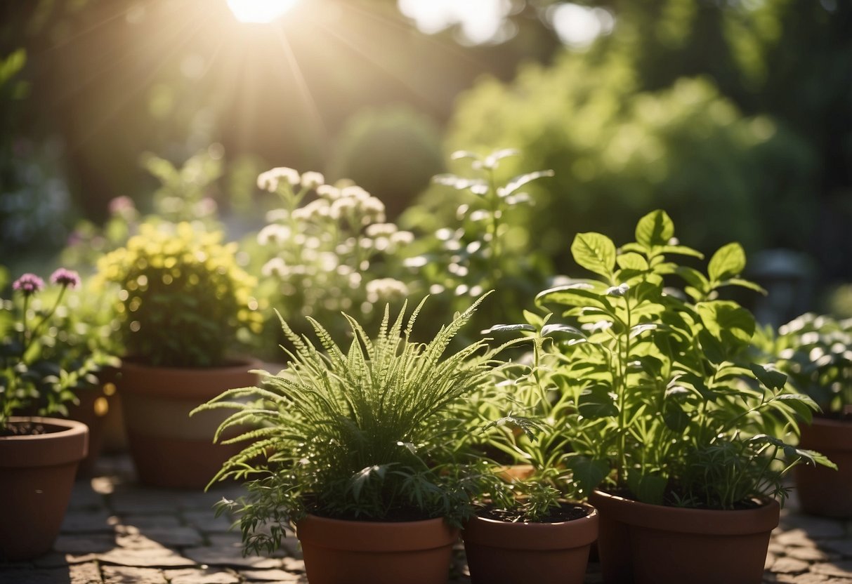 A serene garden with a variety of herbs and plants known for their hypertension-relieving properties. A peaceful and calming atmosphere, with sunlight filtering through the leaves