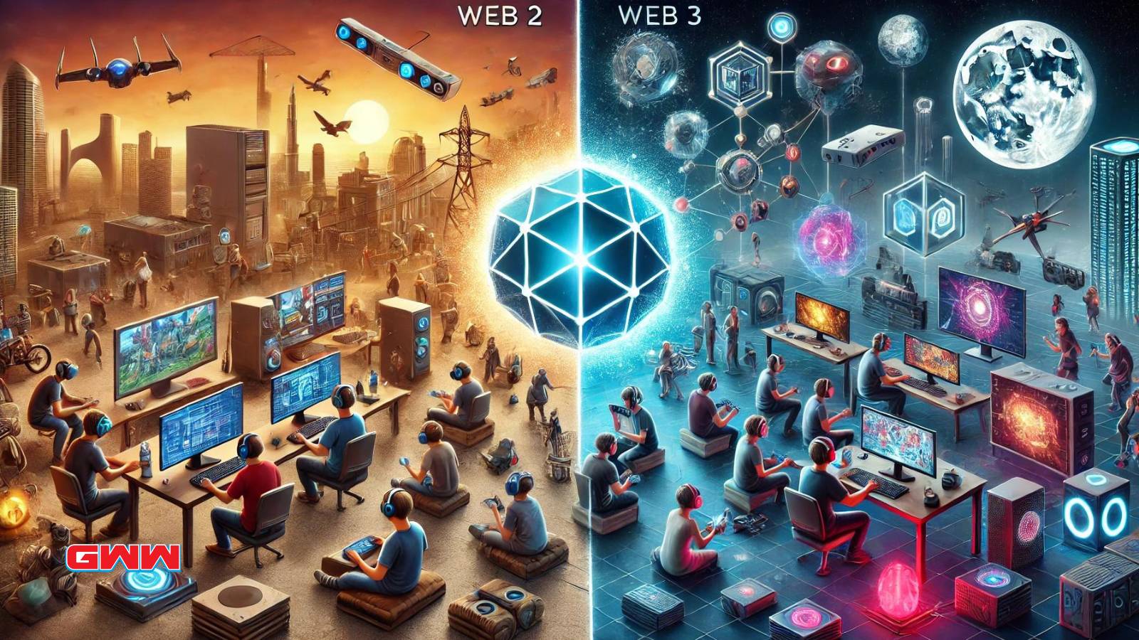 A split-screen image contrasting Web 2 and Web 3 gaming. 