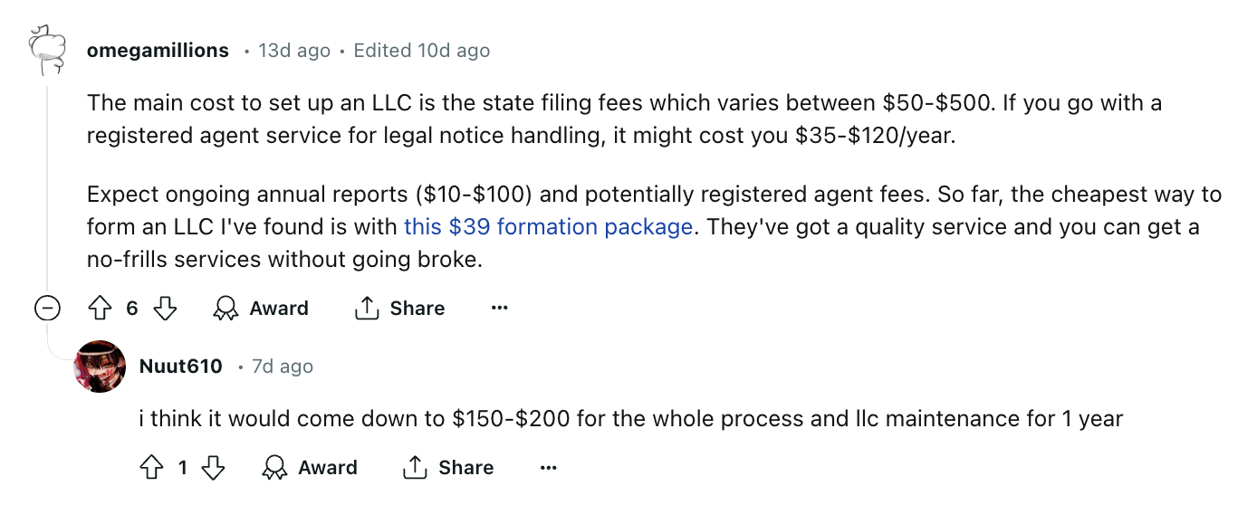 Llc cost reddit
