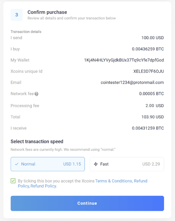 Captura de pantalla de confirmación del pago con Xcoins 