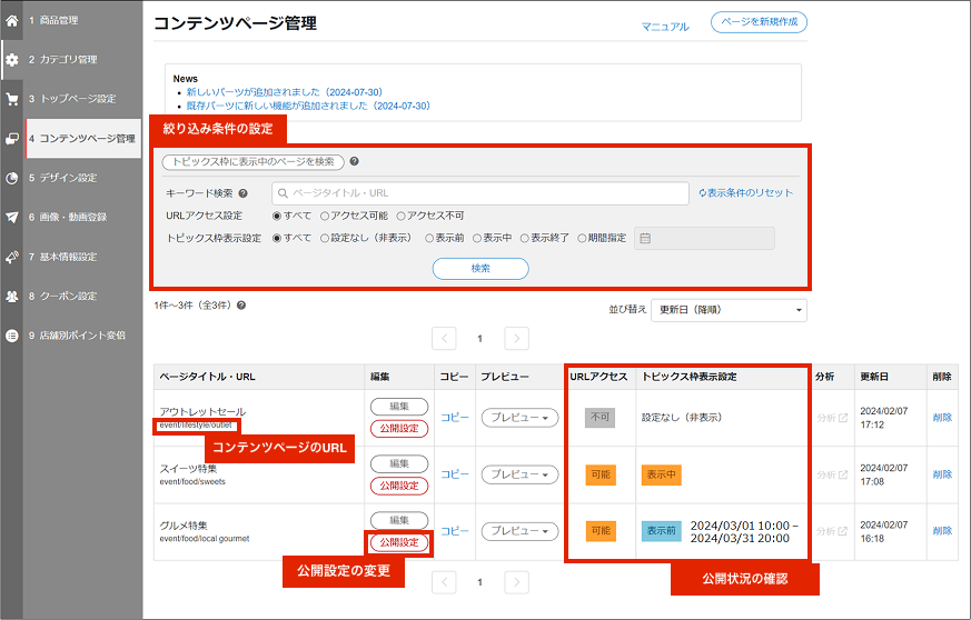 コンテンツページ管理機能