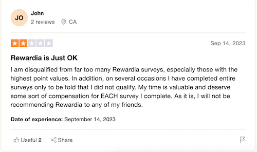 A 2-star Trustpilot review from a Rewardia user frustrated with being disqualified from too many surveys, including the highest paying and some after completion. 