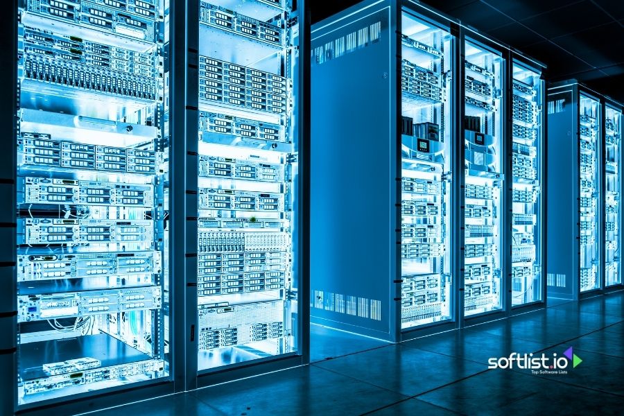 Brightly lit server racks in a data center.