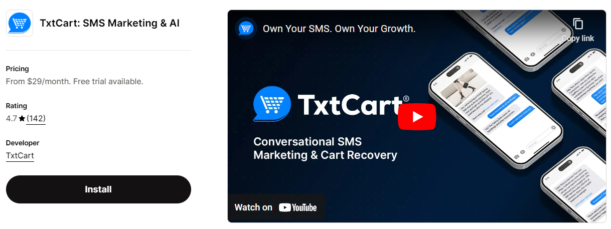 TxtCart homepage, another Shopify cart abandonment app.