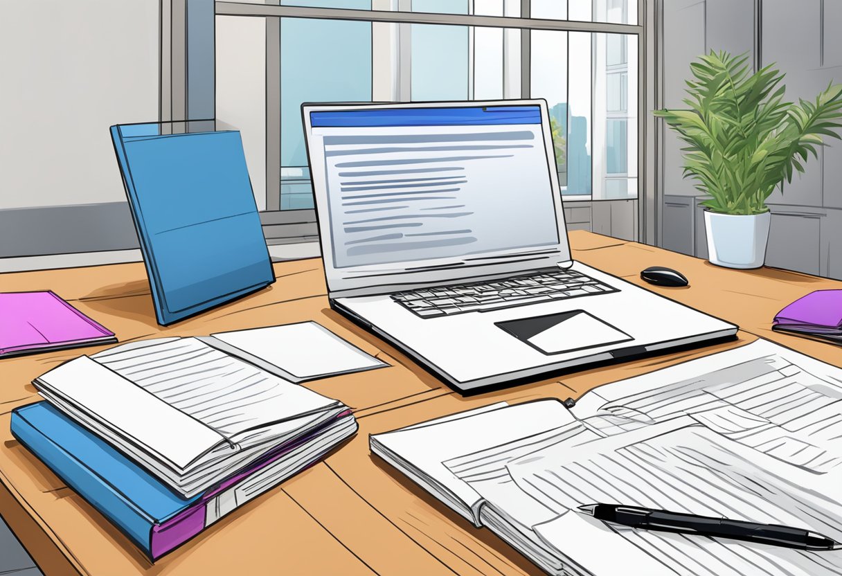 A desk with a laptop, pen, and contract papers. A virtual handshake on a computer screen. Legal books in the background