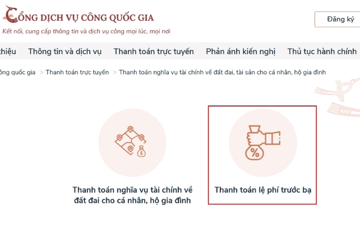 Chọn vào mục Thanh toán lệ phí trước bạ
