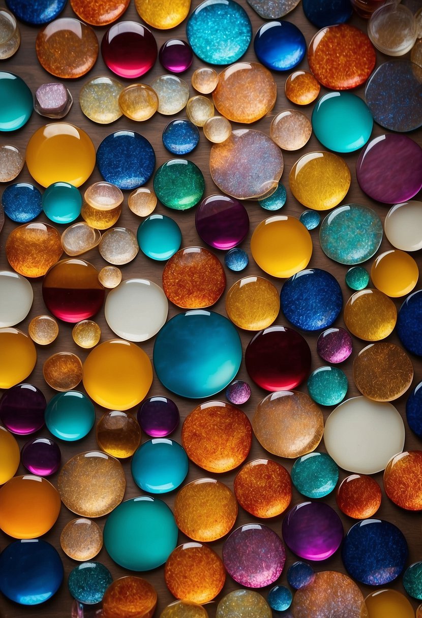 A table with colorful resin coasters arranged in a pleasing pattern, catching the light and reflecting a glossy finish