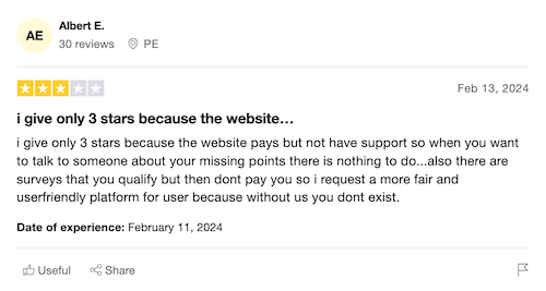 A 3-star Trustpilot review from a LootGain user who sys the app does pay but that their points sometimes disappear and they can't get help with the issue. 