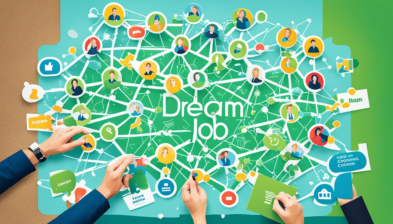 A network of people connecting with each other through various channels, such as social media, email, phone calls, and in-person events. Show how these connections lead to job opportunities by incorporating visual elements like puzzle pieces fitting together or stepping stones leading to a door labeled "dream job." Use colors that convey positivity and success, such as bright greens, blues, and yellows.