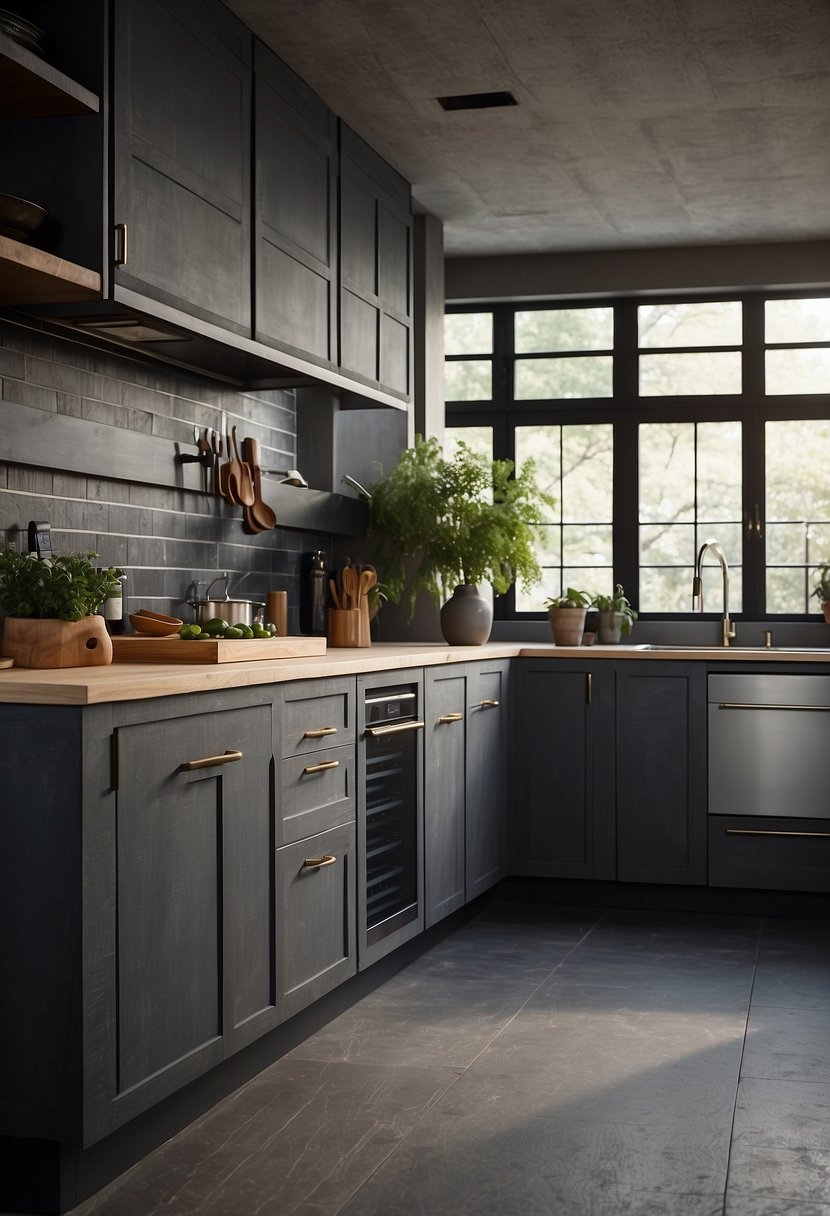 Distressed gray cabinets arranged in a kitchen setting with various design ideas