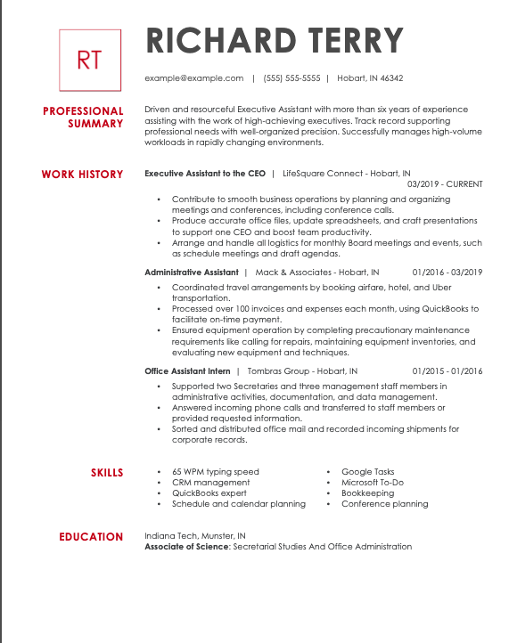 ATS resume template; executive assistant CV