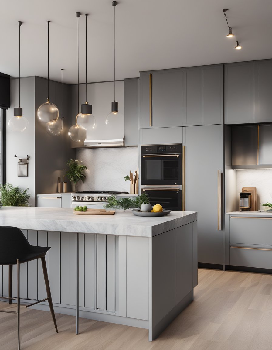 A sleek, modern kitchen with light gray cabinets and metal accents. Industrial vibes with clean lines and minimalist design