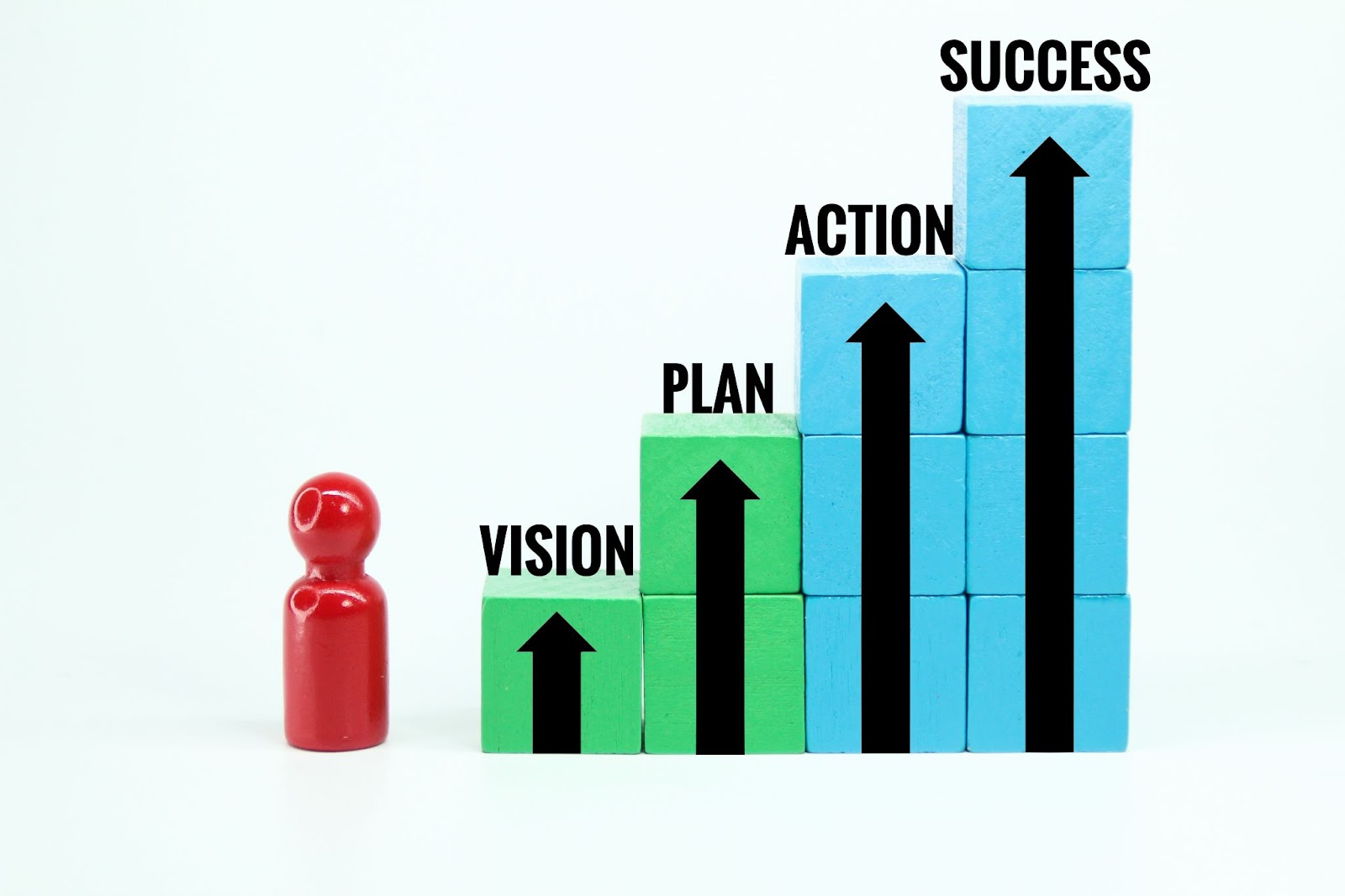 A ladder of colorful building blocks with black arrows illustrating growth and steps to business success resulting from aligned business goals.