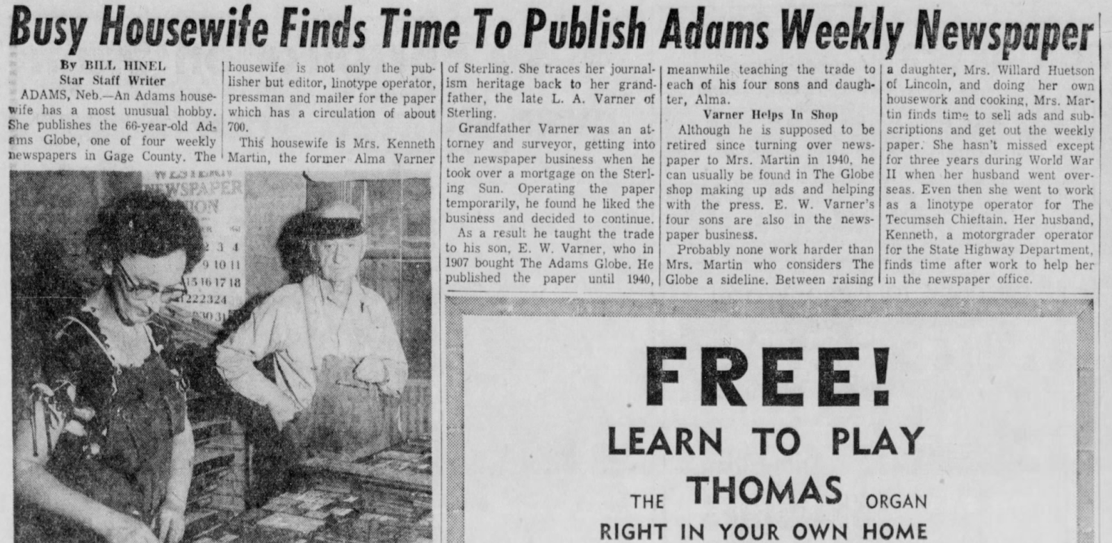 "Busy Housewife Finds Time To Publish Adams Weekly Newspaper"