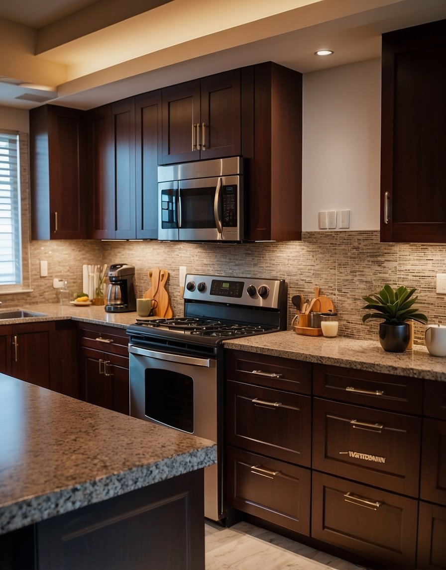 A kitchen with rich mahogany cabinets, warm lighting, and modern appliances