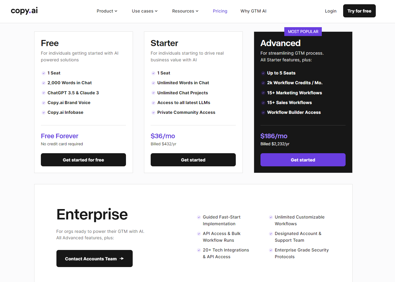 Pricing options for CopyAI