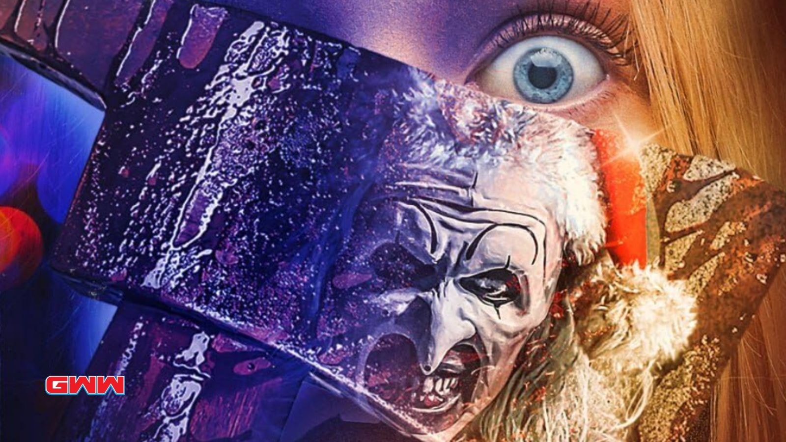 Art the Clown reflection on an ax with a shocked eye in the background, cast of Terrifier 3