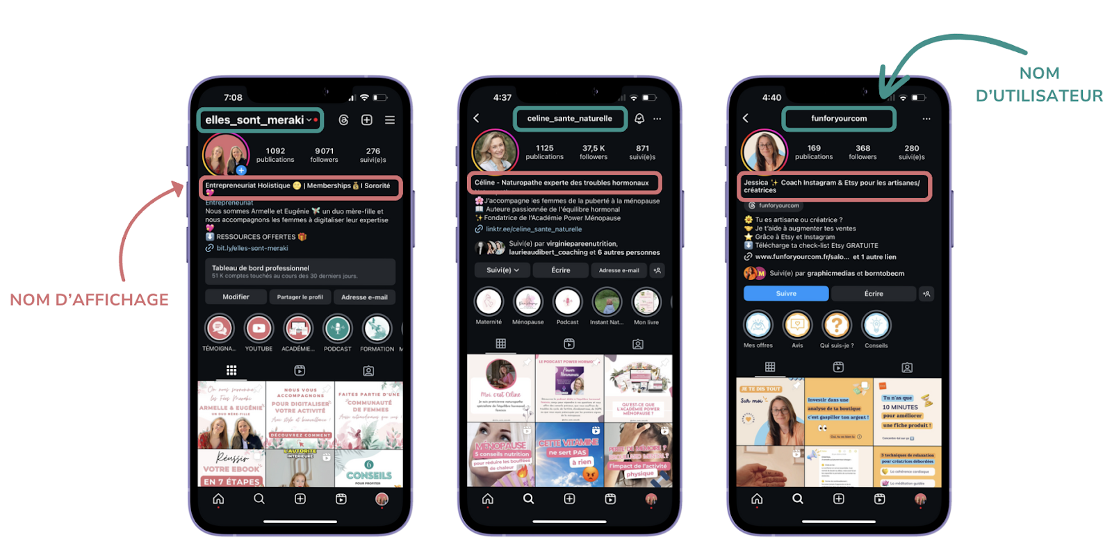 Exemples de profils Instagram avec des noms d'affichage et des noms d'utilisateur optimisés pour le SEO Instagram, illustrant comment les entrepreneurs et les experts en santé peuvent améliorer leur visibilité en ligne.