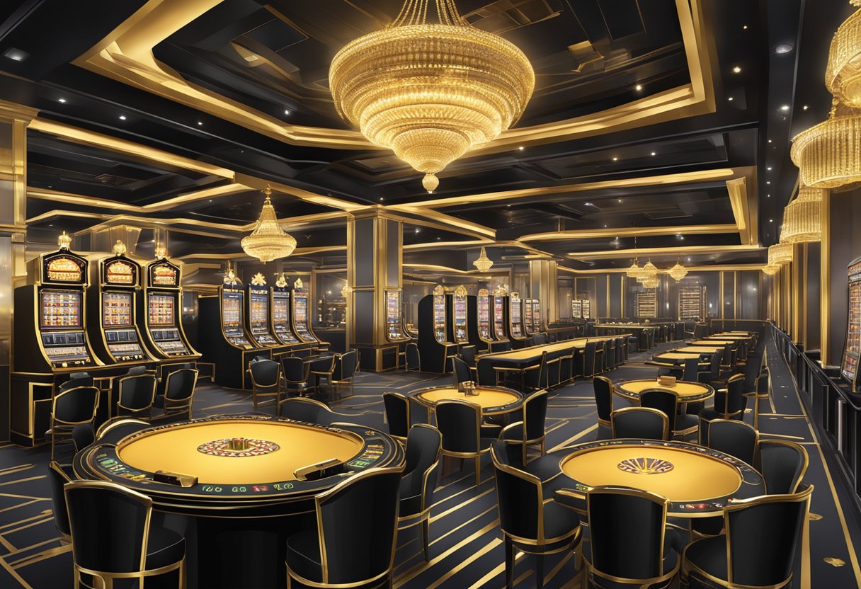 A lavish casino interior with elegant chandeliers, sleek black and gold decor, and rows of slot machines and card tables