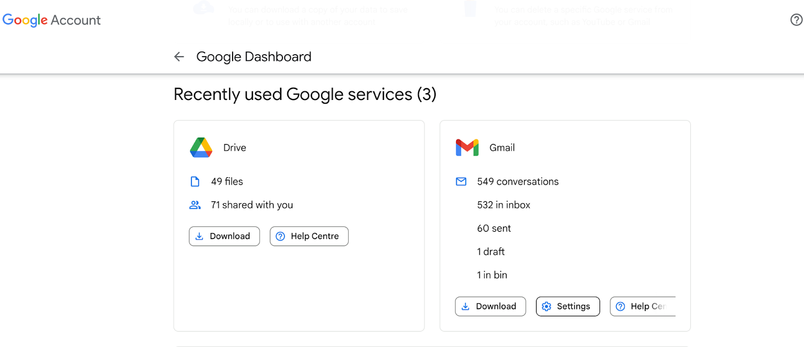 Recently used Google Services reports in Google Dashboard