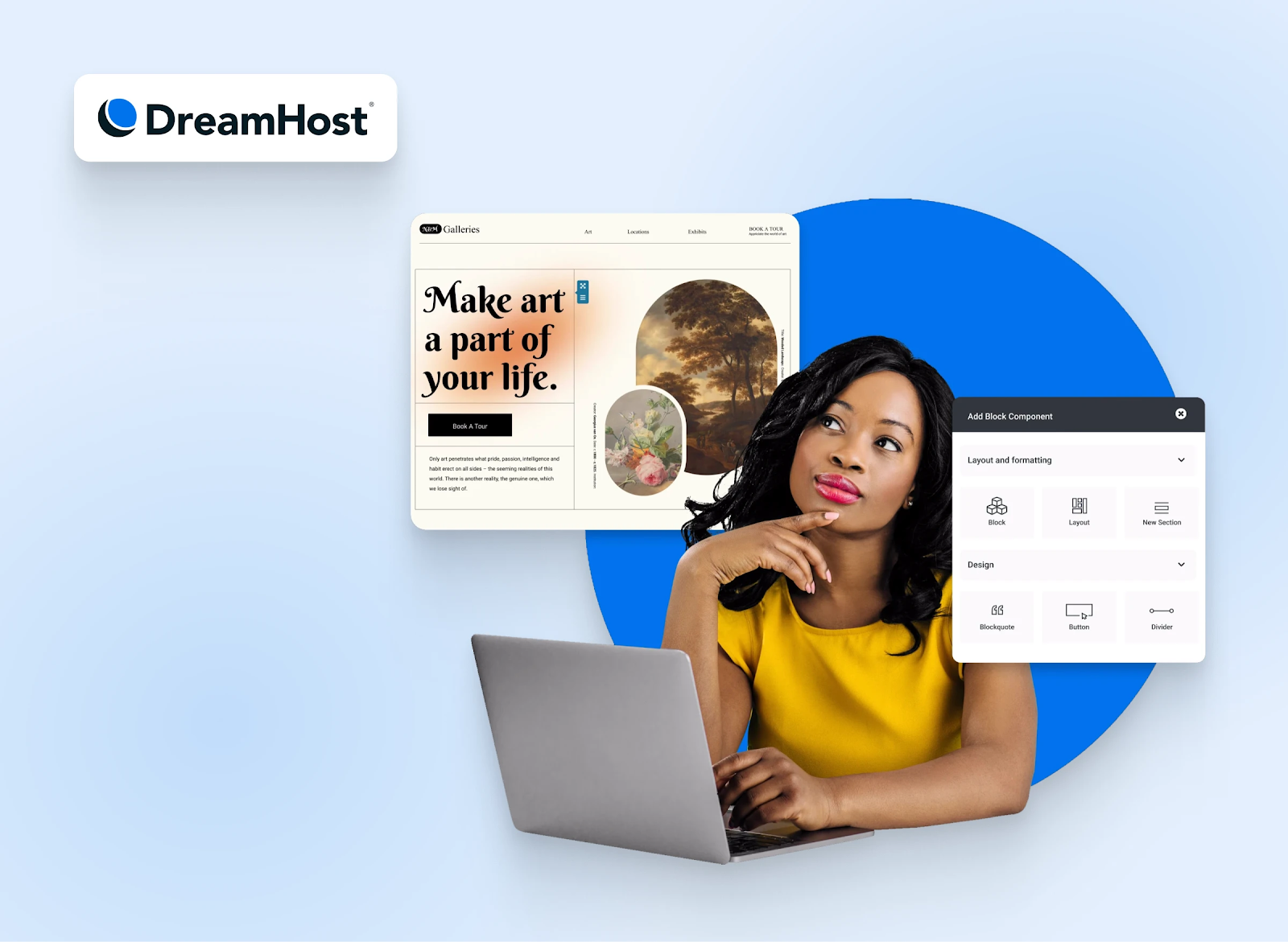 Woman ponders website design using DreamHost