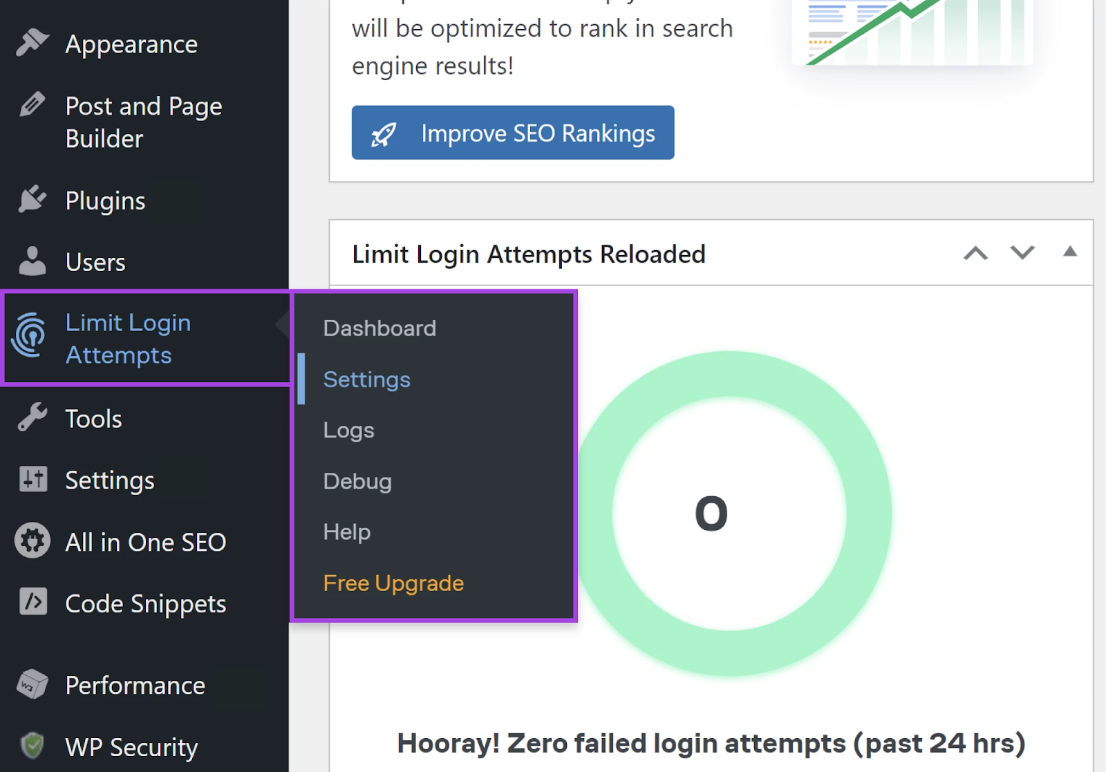 "Limitar intentos de inicio de sesión" resaltado en el panel de administración de WP con "Configuración" seleccionado en el menú desplegable.