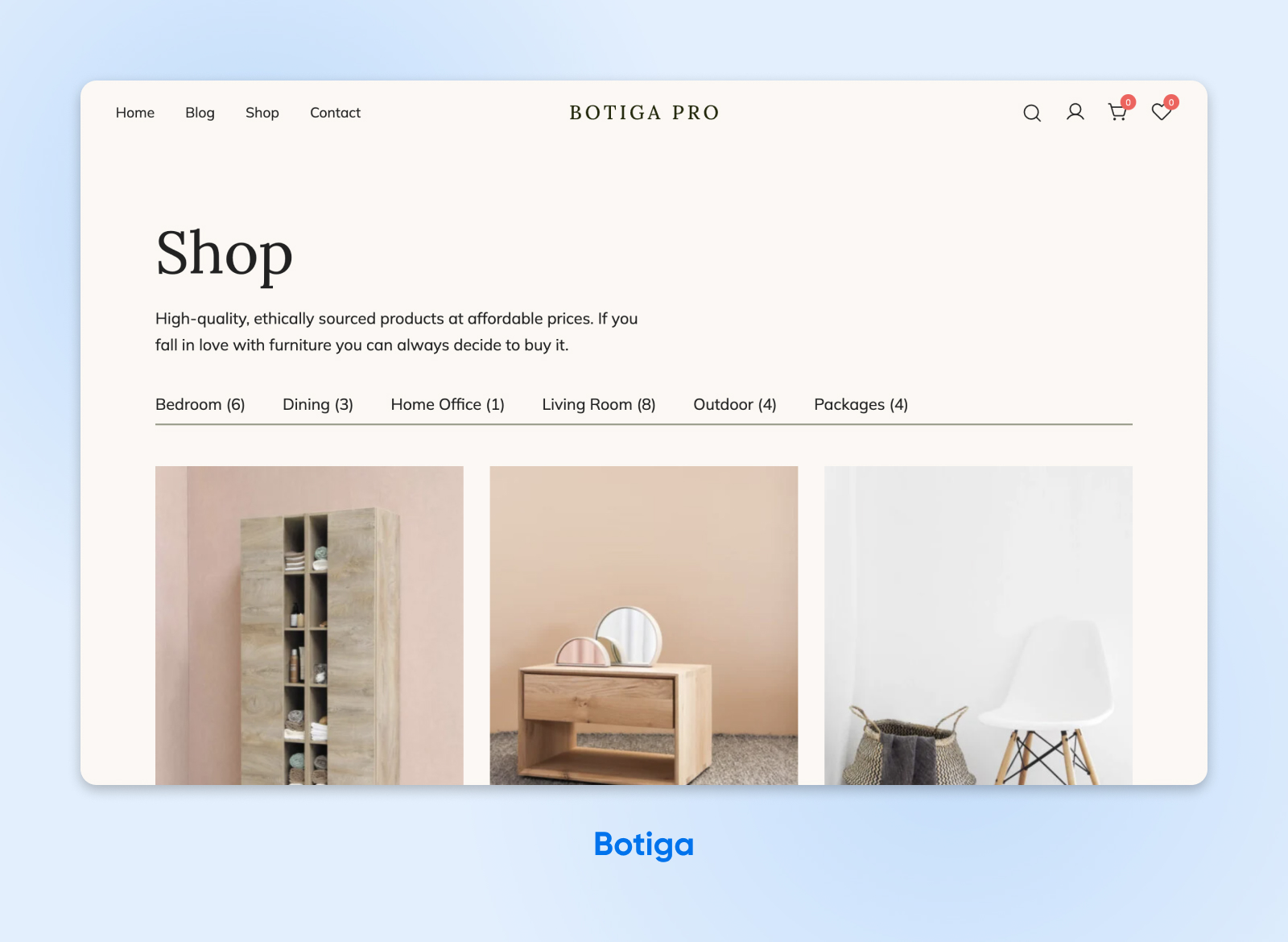 Tema Botiga WooCommerce que muestra productos de muebles en "Tienda" con diferentes categorías.