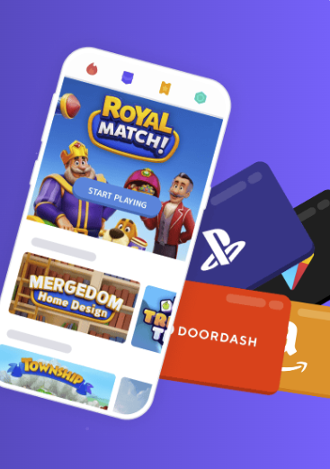 Available adventure games to play on the Mistplay app with reward gift cards in the background, including Amazon, DoorDash, Playstation, and Google Play. 