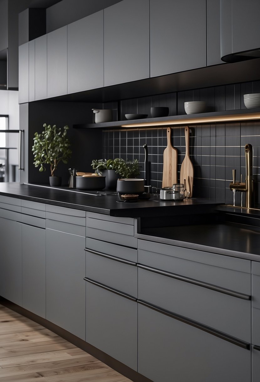 Gray cabinets with black hardware line the kitchen walls, creating a sleek and modern look. The clean lines and minimalist design make for a stylish and functional space