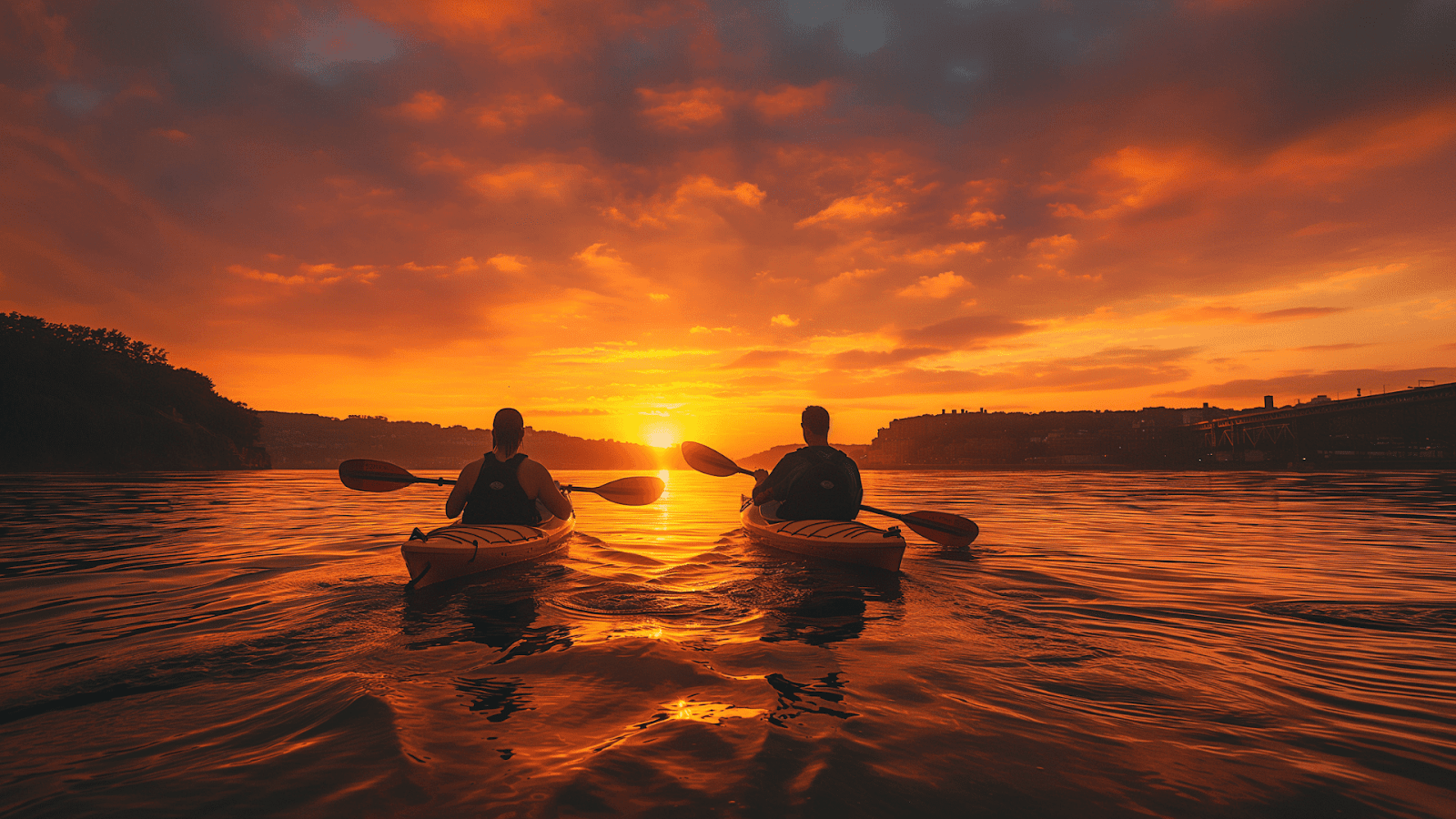 Kayakers enjoying a vibrant sunset on a lake near Adirondacks cottage rentals