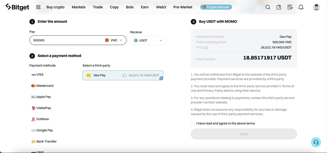 Hướng dẫn cách mua tiền điện tử bằng MoMo trên Bitget image 2