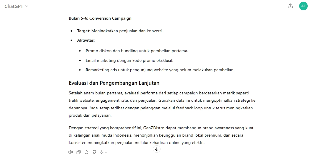 Tampilan contoh hasil dari teknologi ai ChatGPT tentang cara menulis prompt. Menampilkan halaman evaluasi