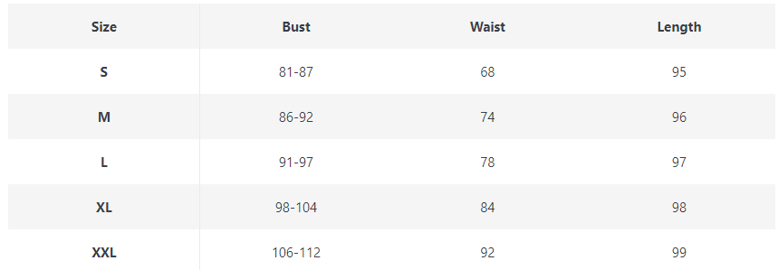 AliExpress dress sizes table