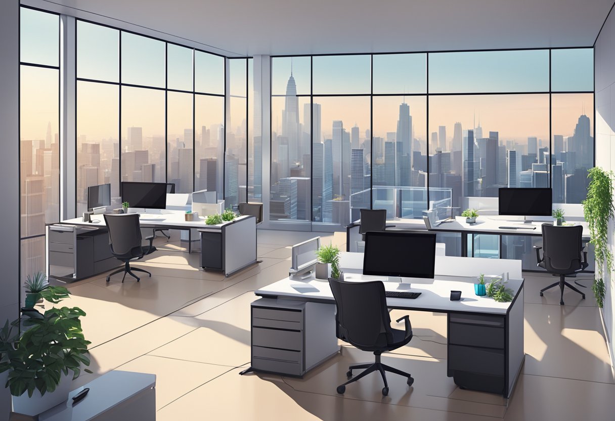 A modern office space with computers, desks, and creative decor. Bright, open layout with a view of the city skyline