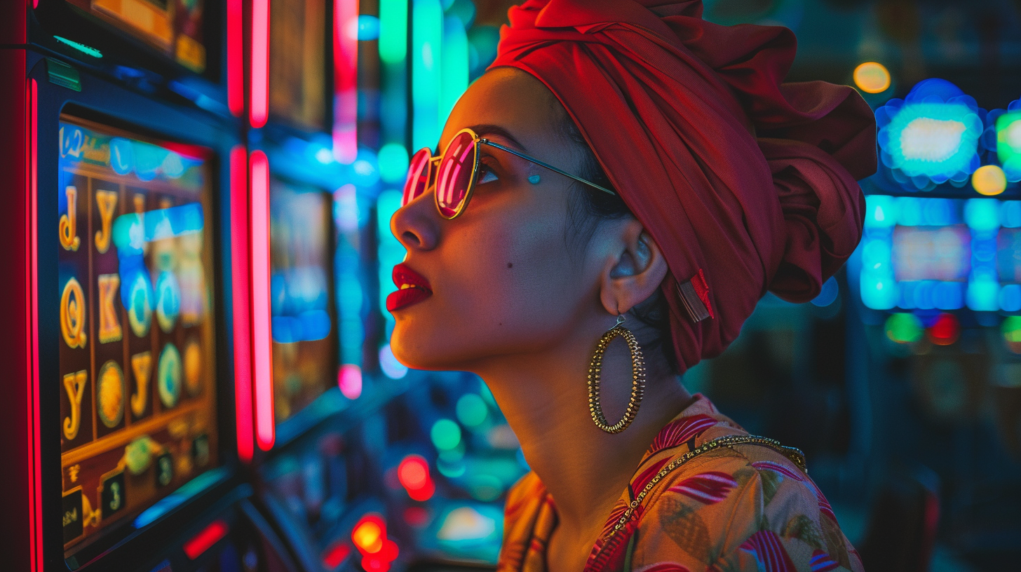 A girl in glasses in the casino gaming hall looks at the machines