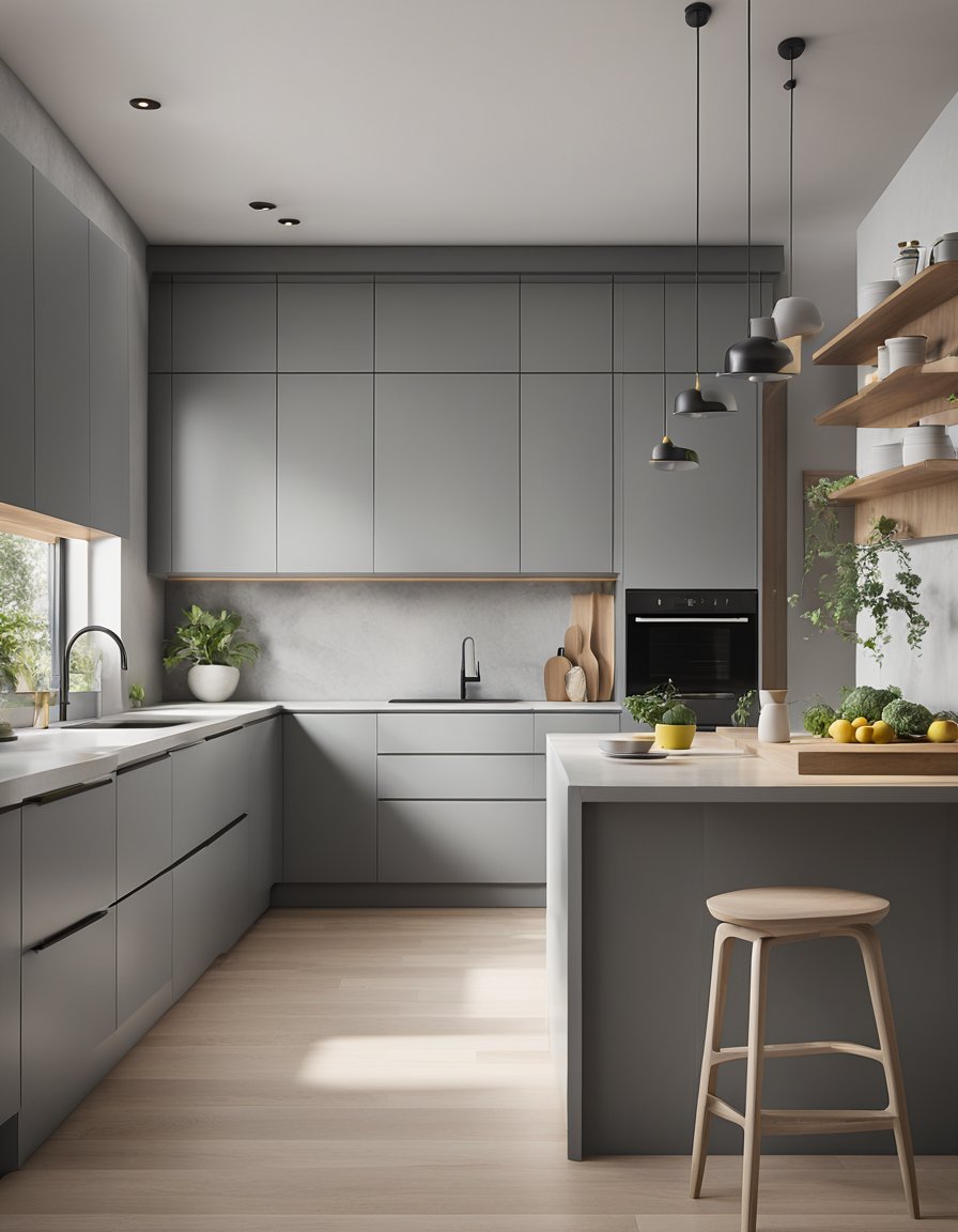 A light gray kitchen with pops of complementary colors in decor and accessories. Clean lines and modern fixtures create a sleek and inviting space