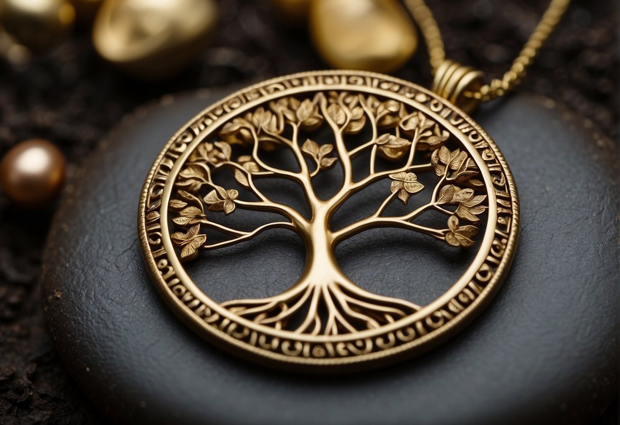 A tree of life pendant is being intricately crafted by a skilled artisan using traditional techniques, surrounded by historical artifacts and symbols from various cultures