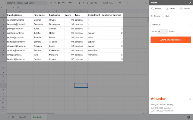 Hunter for Sheets Google Chrome extension