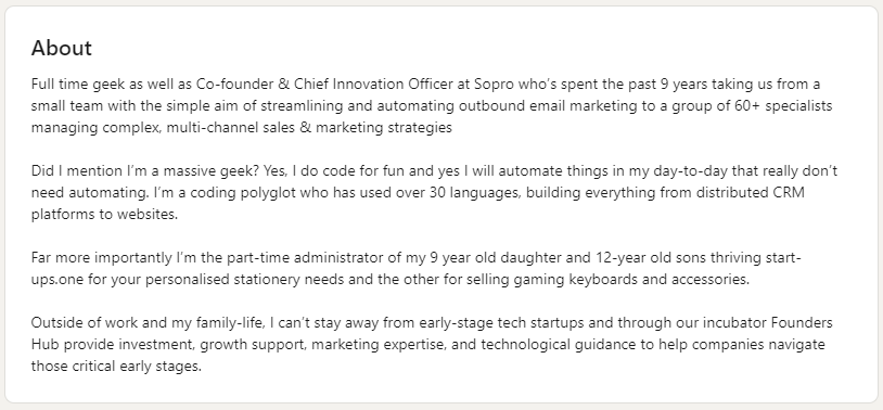 Example of an about section on a LinkedIn profile