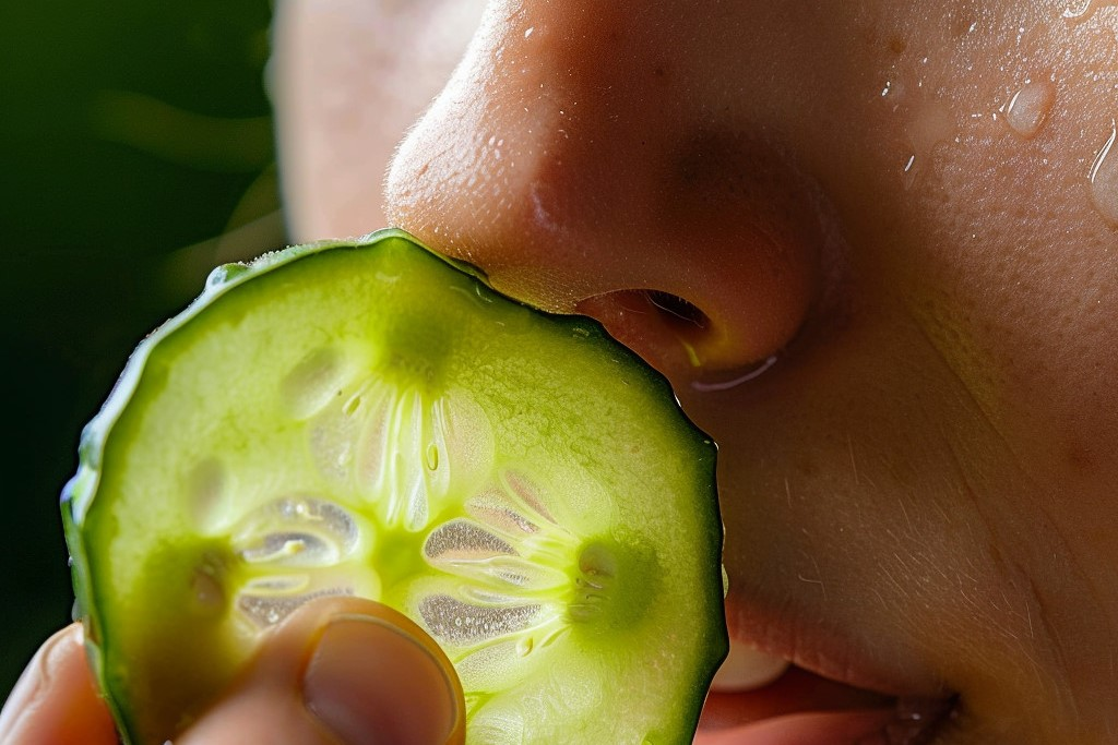person treating clogged pores with cucumber slices