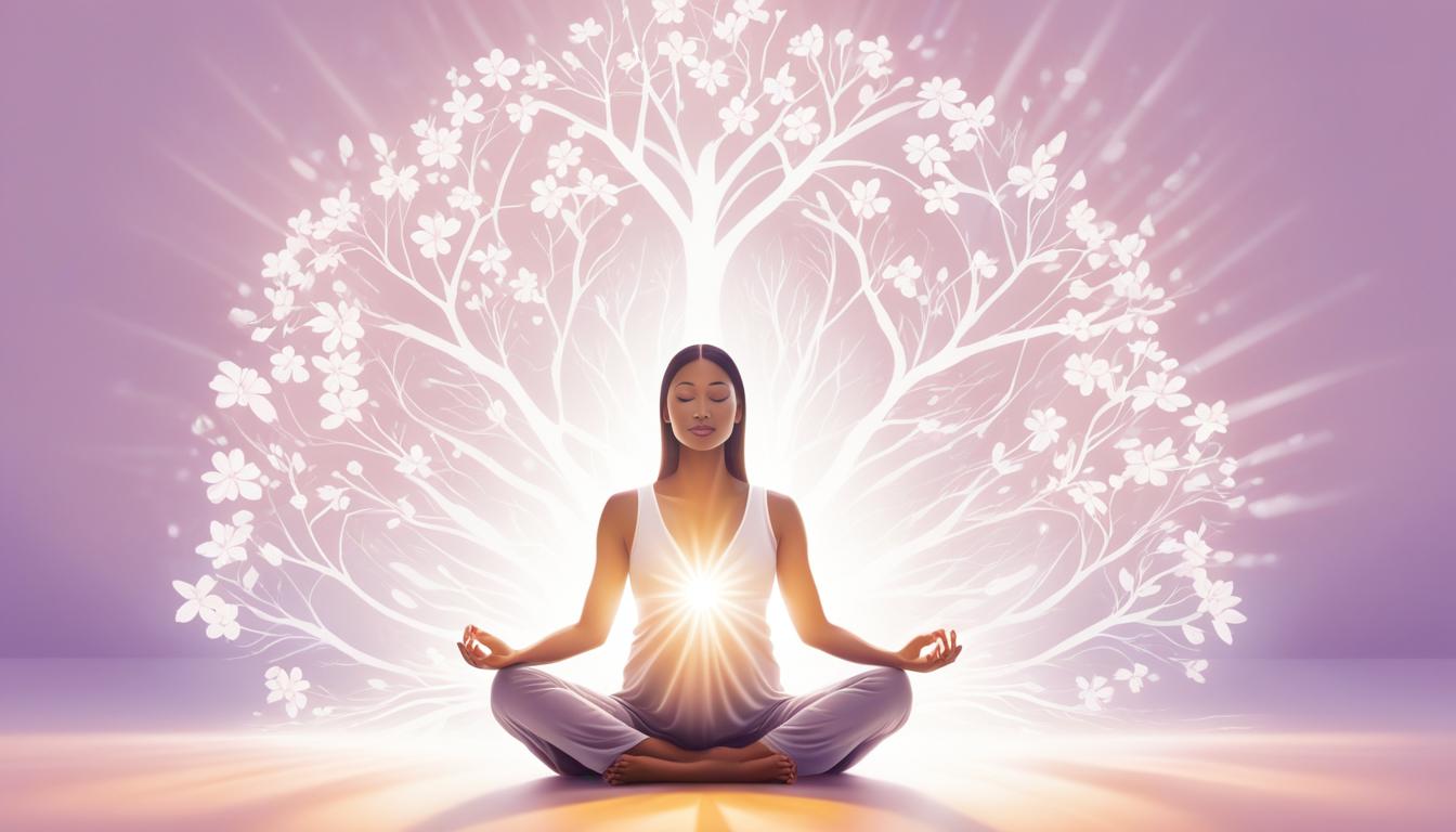 Visualize a woman sitting cross-legged surrounded by a glowing white light, her hands resting gently on her belly. The light represents the positive energy she is manifesting for her pregnancy. Above her head, a symbol of fertility and growth, such as a blooming flower or budding tree, radiates similar energy. The background is a soft gradient of pastel colors, representing the peace and serenity of aligned thoughts and feelings.