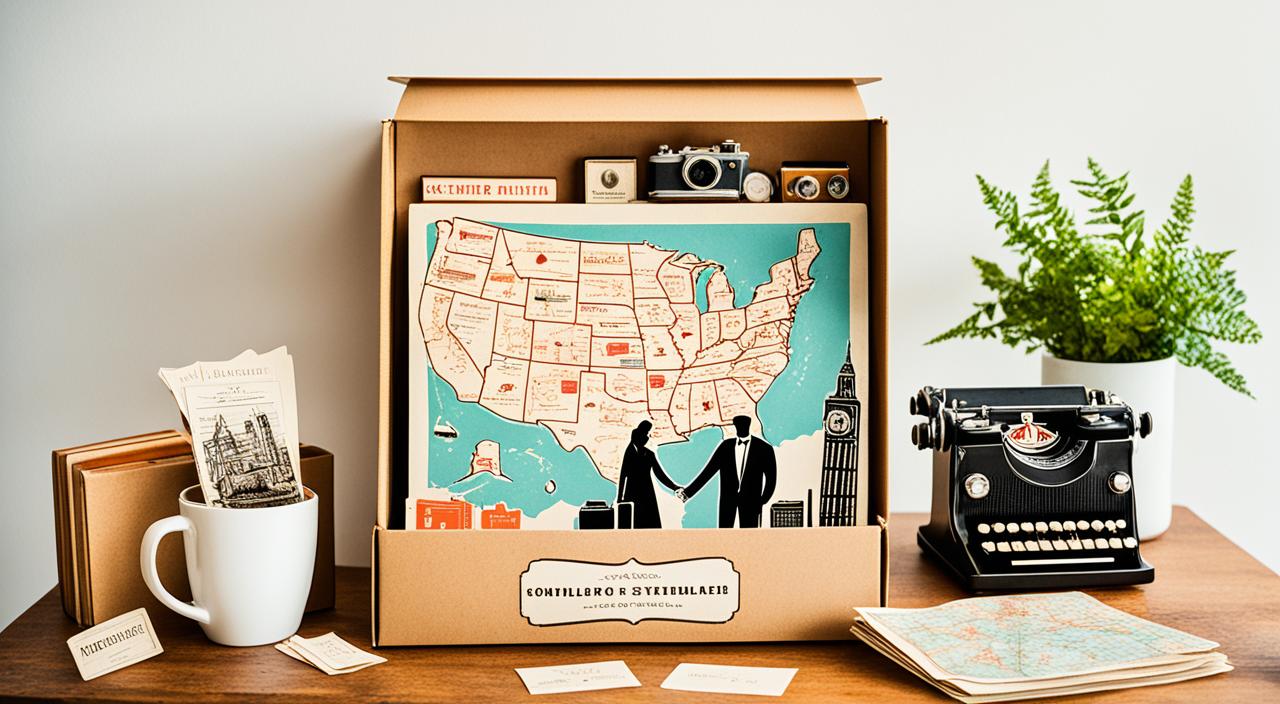 A couple holding hands while receiving a box with a personalized map of their hometown as a wedding gift. In the background, there's a table with various vintage items such as a typewriter, a record player, and old cameras, symbolizing the couple's love for nostalgia and antiques.