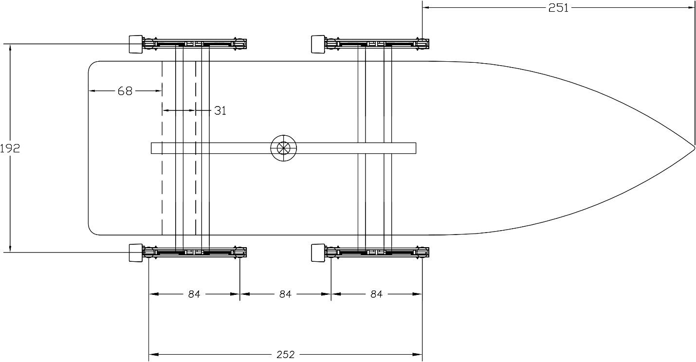 Pile layout drawing showing the boat center of gravity, centered on the lift.