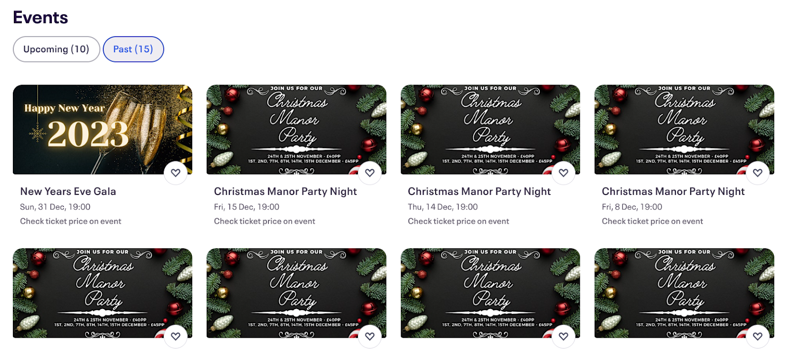 Screenshot of upcoming events on an Eventbrite page
